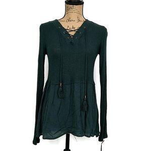 💥5/$25 NWT Knox Rose sz XS Top Solid Green Lace Tasseled Lace Up Peplum Blouse